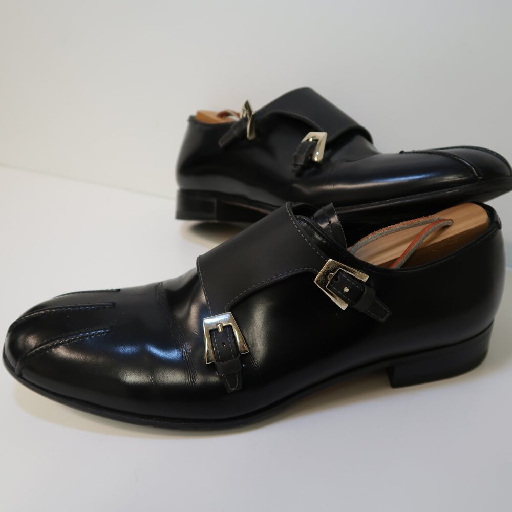 Giorgio Armani black patent leather slip on flats with gold buckles in size 36.5